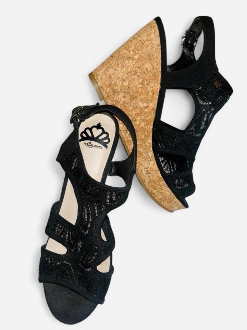 Fergalicious Black Lace Cork Wedge Sandals